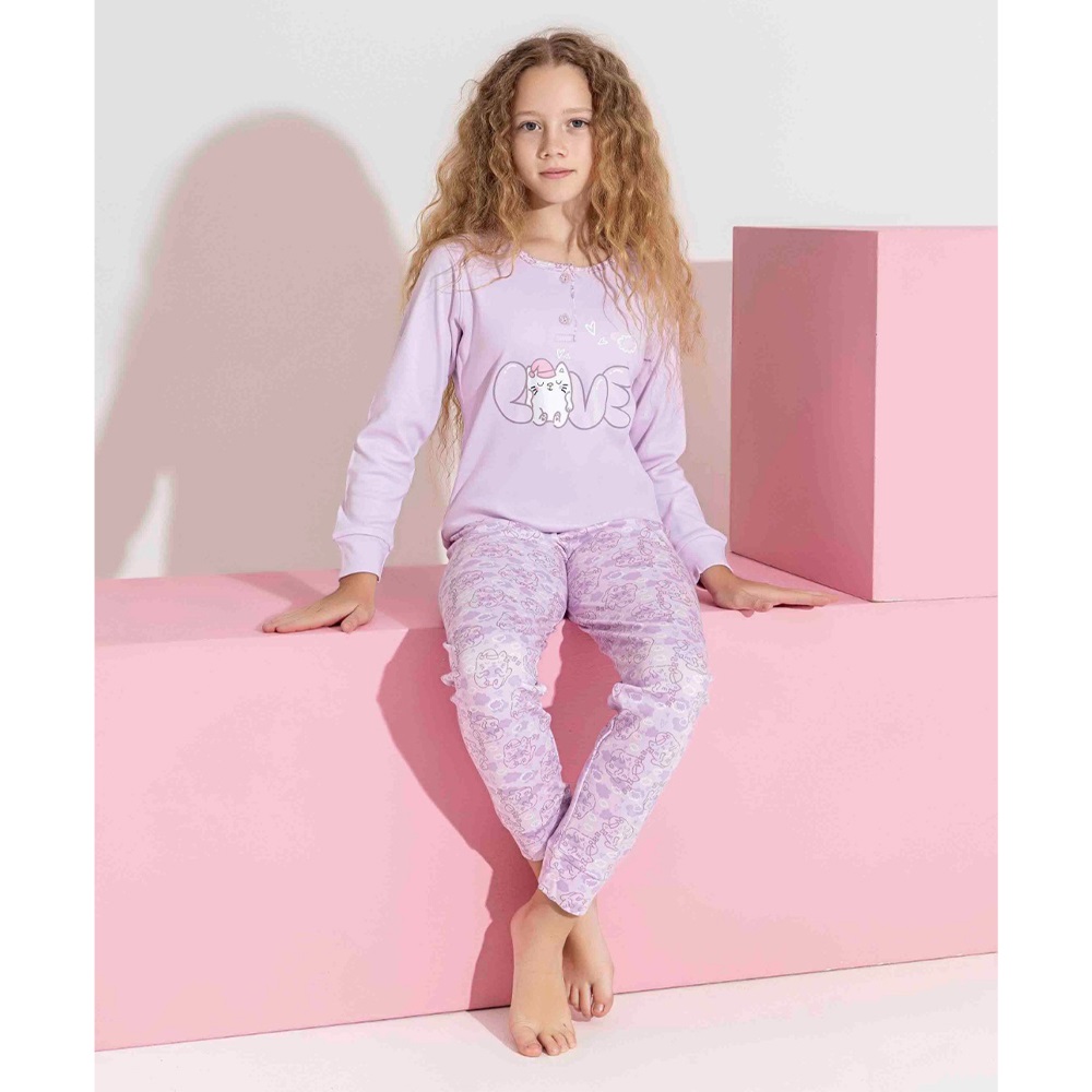 Tarık 3263 Kız Çocuk Ges İnterlok Sevimli Kedi Love Baskılı Pijama Takımı 12-16 Yaş