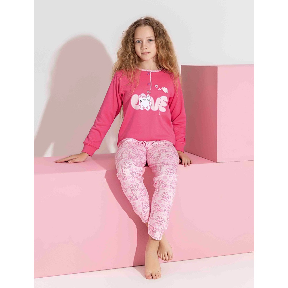 Tarık 3189 Kız Çocuk Garson İnterlok Sevimli Kedi Love Baskılı Pijama Takımı 7-11 Yaş