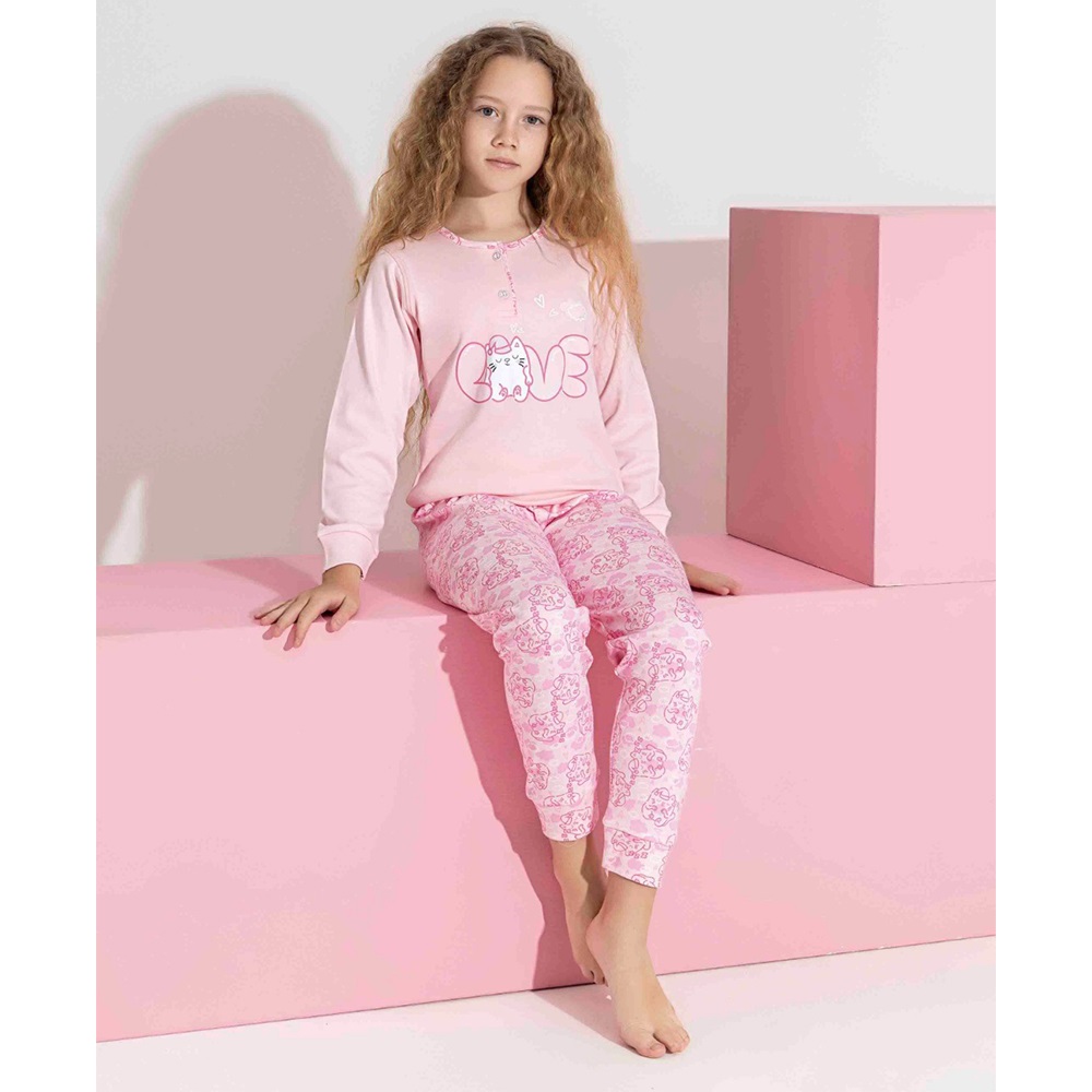 Tarık 3189 Kız Çocuk Garson İnterlok Sevimli Kedi Love Baskılı Pijama Takımı 7-11 Yaş