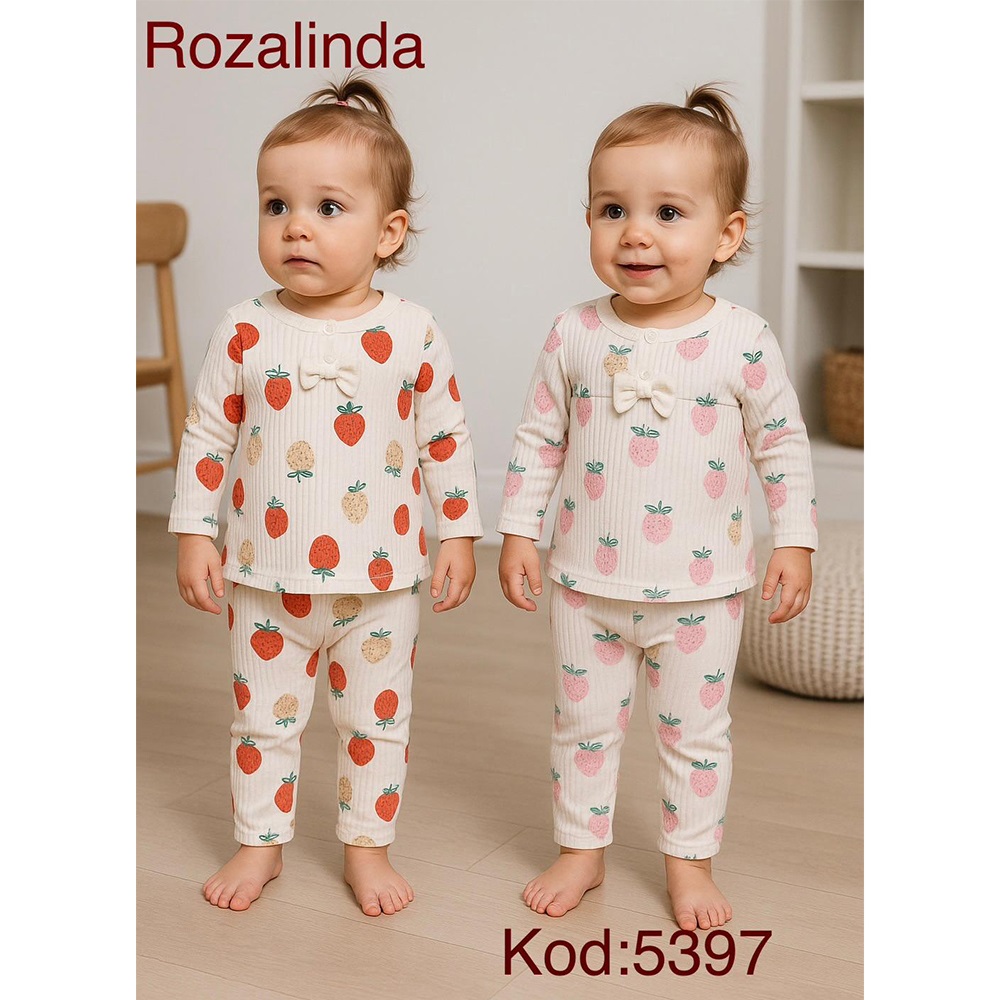 Rozalinda 5397 Kız Bebe Penye Fiyonklu Çilek Bakılı Takım 6-12 AY