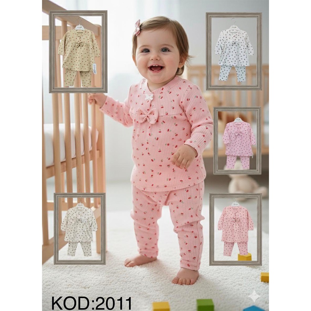 Bebexen baby 2011 Kız Bebe Penye Fiyonklu Kıraz Baskılı Taytlı Takım 6-12 AY