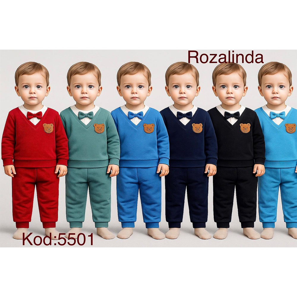 Rozalinda 5501 Erkrk Bebe Penye V yaka Fiyonklu Senimli Ayı Baskılı Takım 6-12 AY