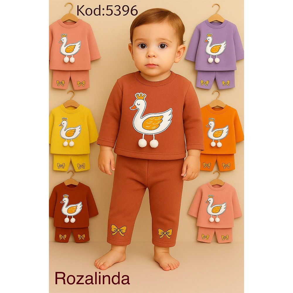 Rozalinda 5396 Kız Bebe Penye Senimli Kuğu Baskılı Taytlı Takım 6-12 AY