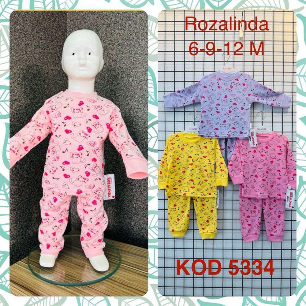 Rozalinda 5334 Kız Bebe Penye Sevimli Kedi Kalplı Baskılı PijamaTakım 6-12 AY