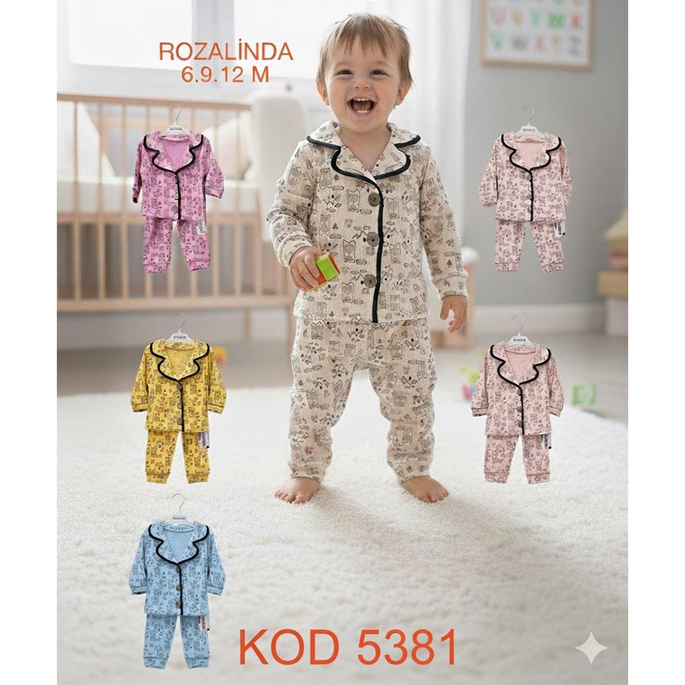 Rozalinda 5381 Bebe Penye Baykuş Desenli Düğmeli Pijama 2 Li Takım 6-12 Ay