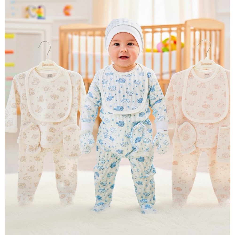 Rozalinda 5382 Bebe Penye Sevimli Fil Desenli 5 Parça Takım 0-6 Ay