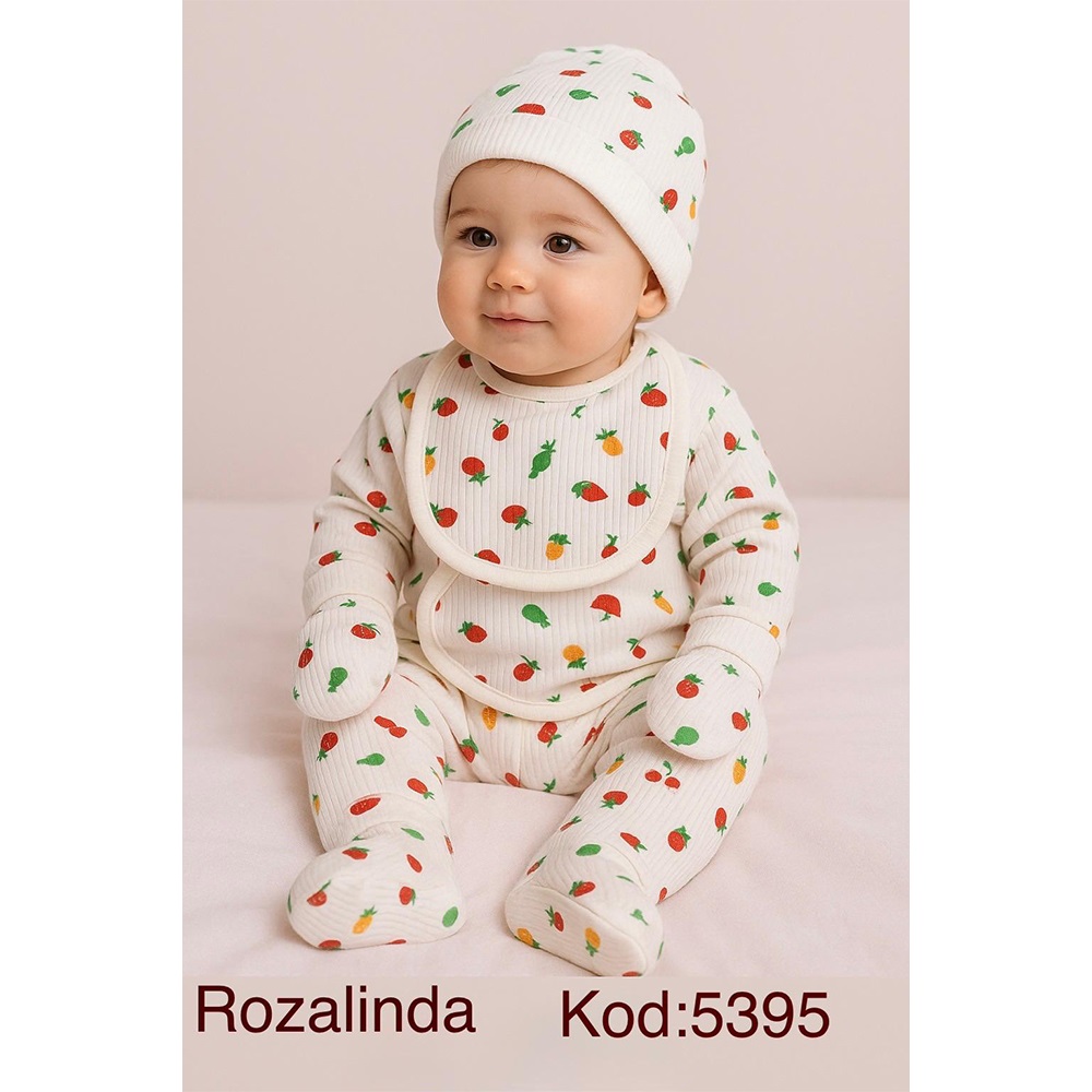 Rozalinda 5395 Bebe Penye Kıraz Desenli 5 Parça Takım 0-6 Ay