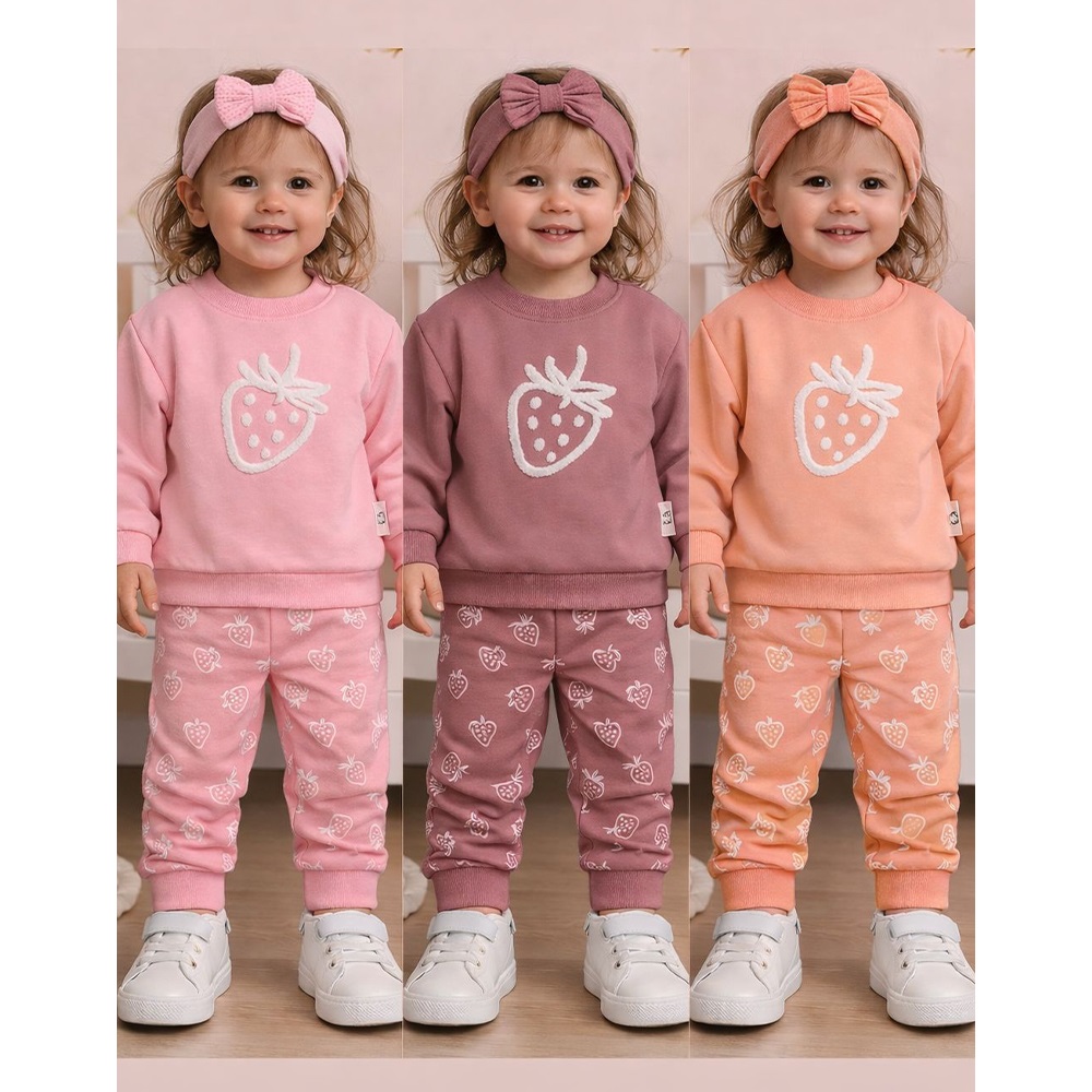 Ceylan Bebe 0009 Kız Bebe Penye Çilek Nakışlı Takım 9-18 Ay