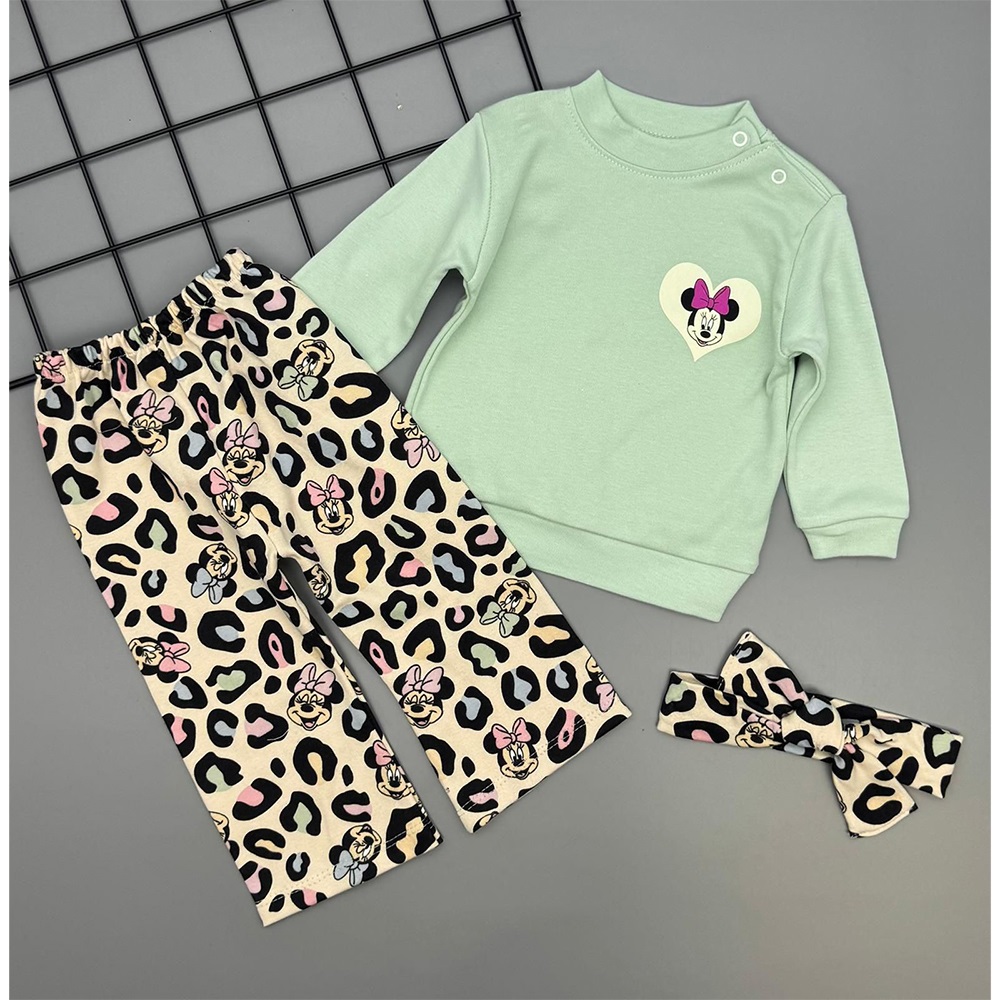 Ceylan Bebe 0024 Kız Bebe Penye Sevimli Minnie Mouse Baskılı Saç Bandalı Takım 9-24 Ay - Karışık Renk - 9-24 AY