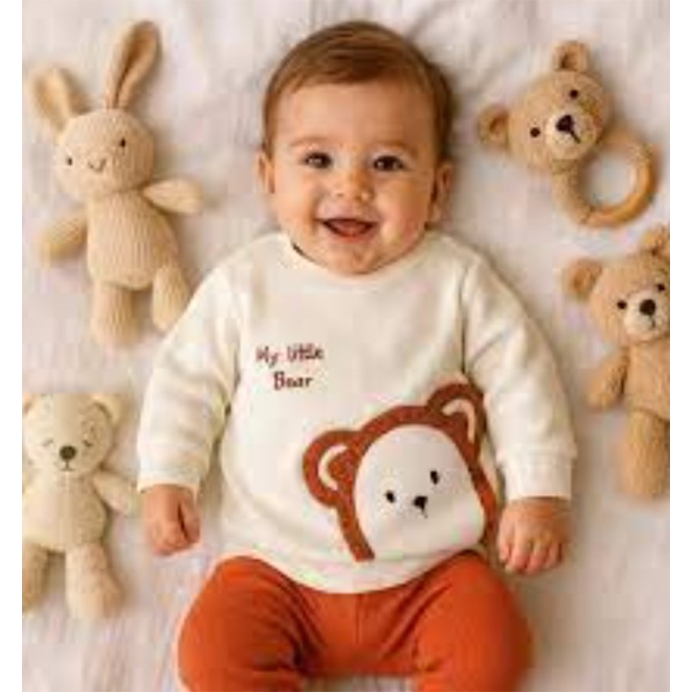 Ceylan Bebe 0009 Bebe Waffle Sevimli Ayıcık Nakışlı Takım 9-18 Ay