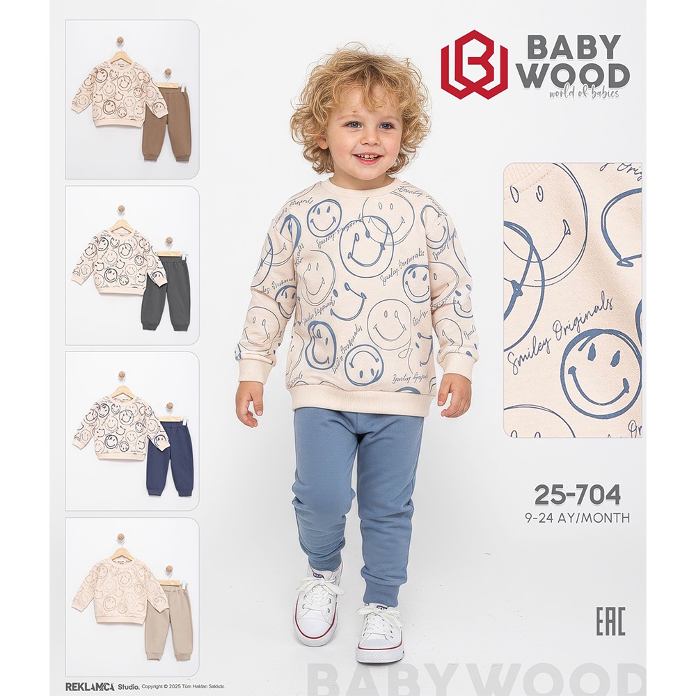 Babywood BW-25-704 Erkek Bebe 2 İplik Smail Baskılı Takım 9-24 Ay