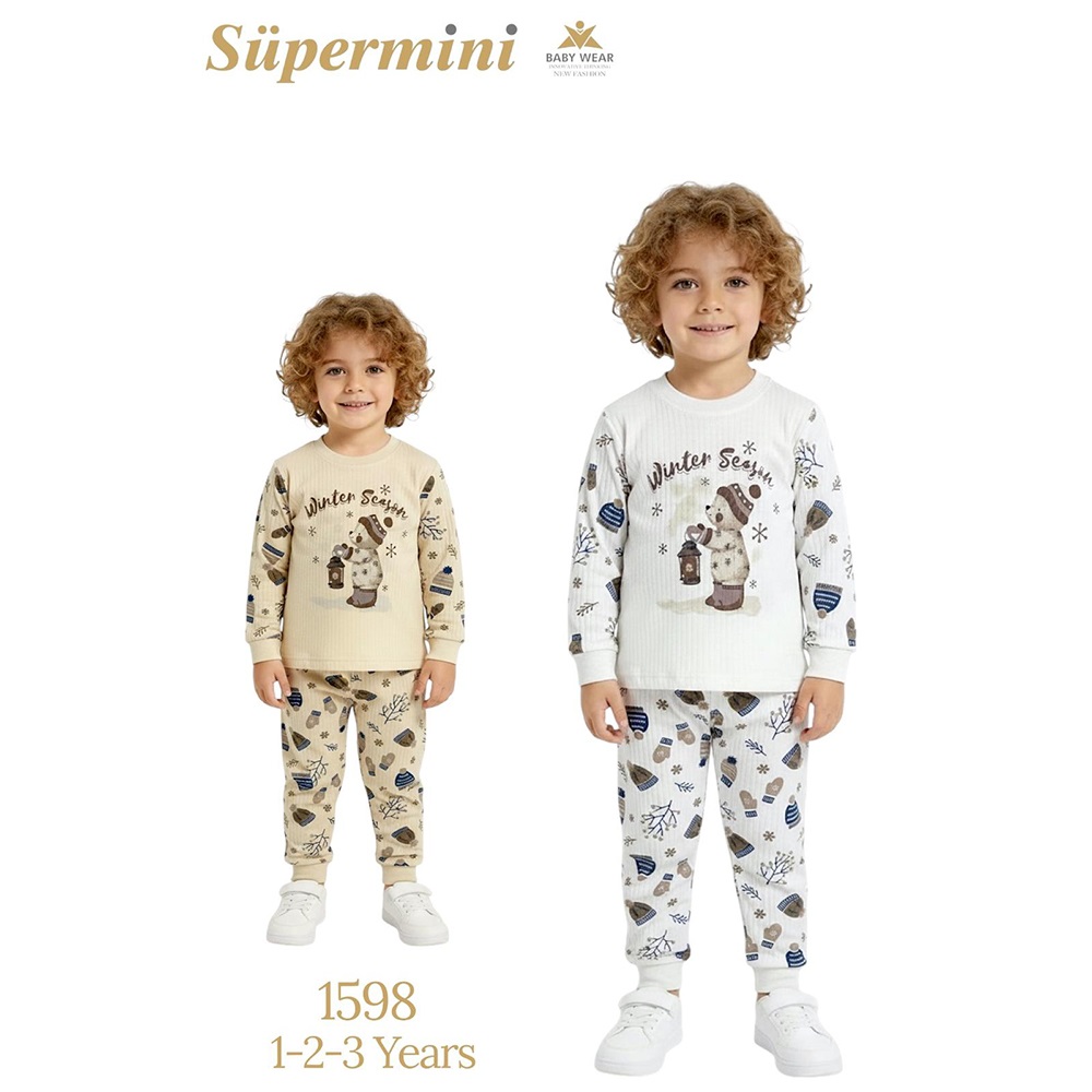 Süpermini 1598 Çocuk Penye Kar Taneli sevimli Ayıcık Baskılı Takım 1-3 Yaş