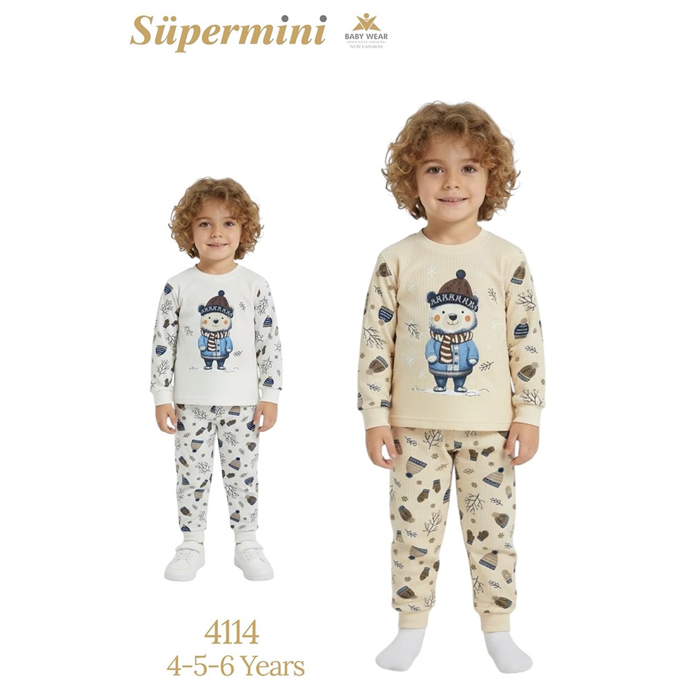 Süpermini 4114 Çocuk Penye Sevimli Bereli Ayıcık Baskılı Takım 4-6 Yaş