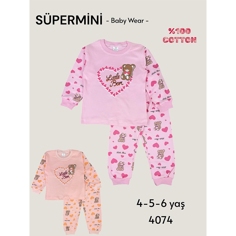 Süpermini 4074 Çocuk Penye Kalpli Sevimli Ayıcık Baskılı Takım 4-6 Yaş