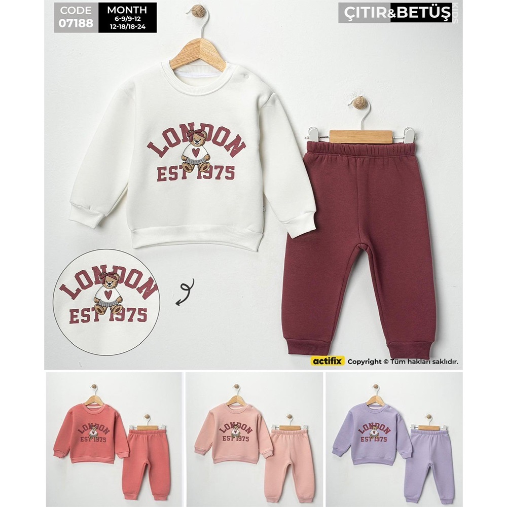 Betüş Bebe 7188 Kız Bebe 3 İp Sevimli Ayıcık Nakışlı Şardonlu Takım 6-24 Ay