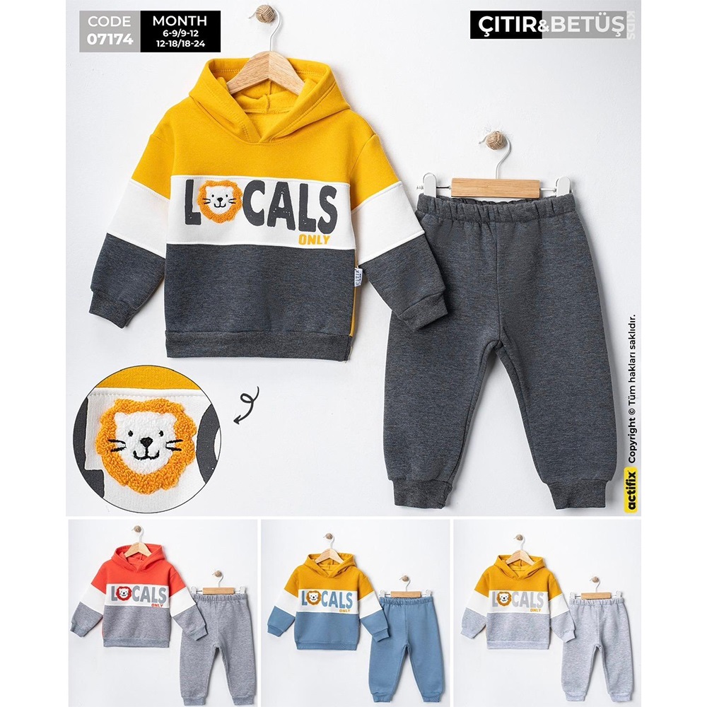 Çıtır 7174 Erkek Bebe 3 İp Süzine Lion Nakışlı Kapşonlu Takım 6-24 Ay