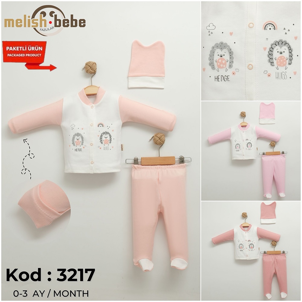 Melish Bebe 3217 Bebe Penye Sevimli Kirpi Baskılı Zıbın Takım 0-3 Ay