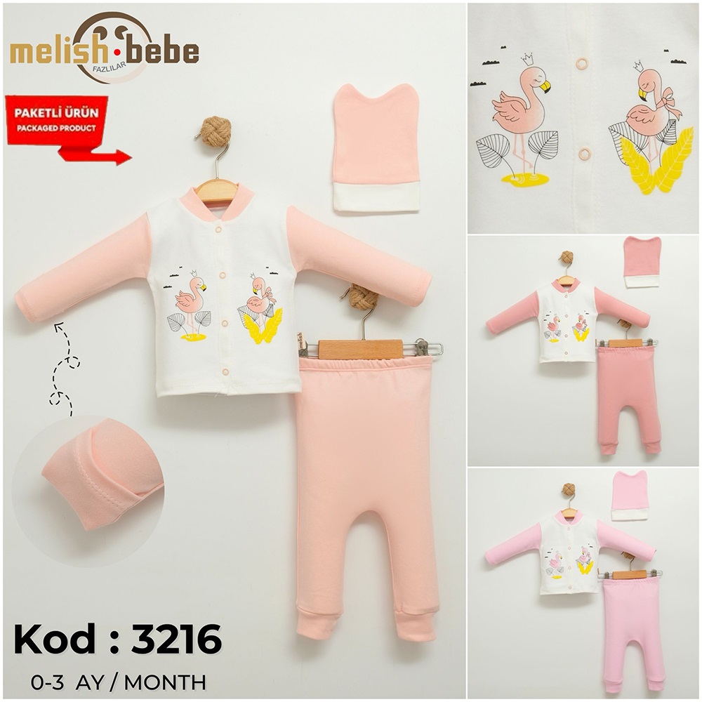 Melish Bebe 3216 Bebe Penye Sevimli Filamingo Baskılı Zıbın Takım 0-3 Ay