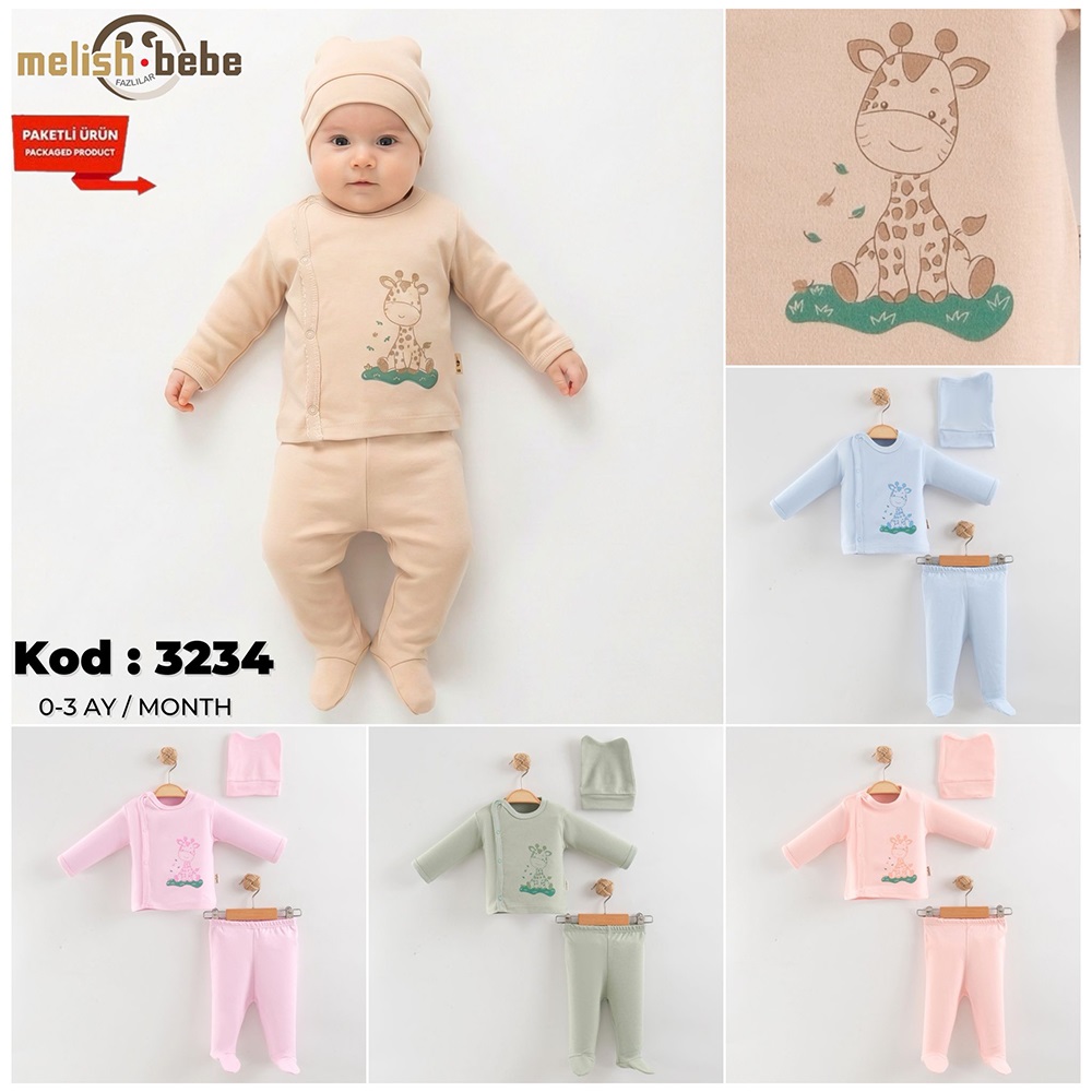 Melish Bebe 3234 Bebe Penye Sevimli Zürafa Baskılı Zıbın Takım 0-3 Ay
