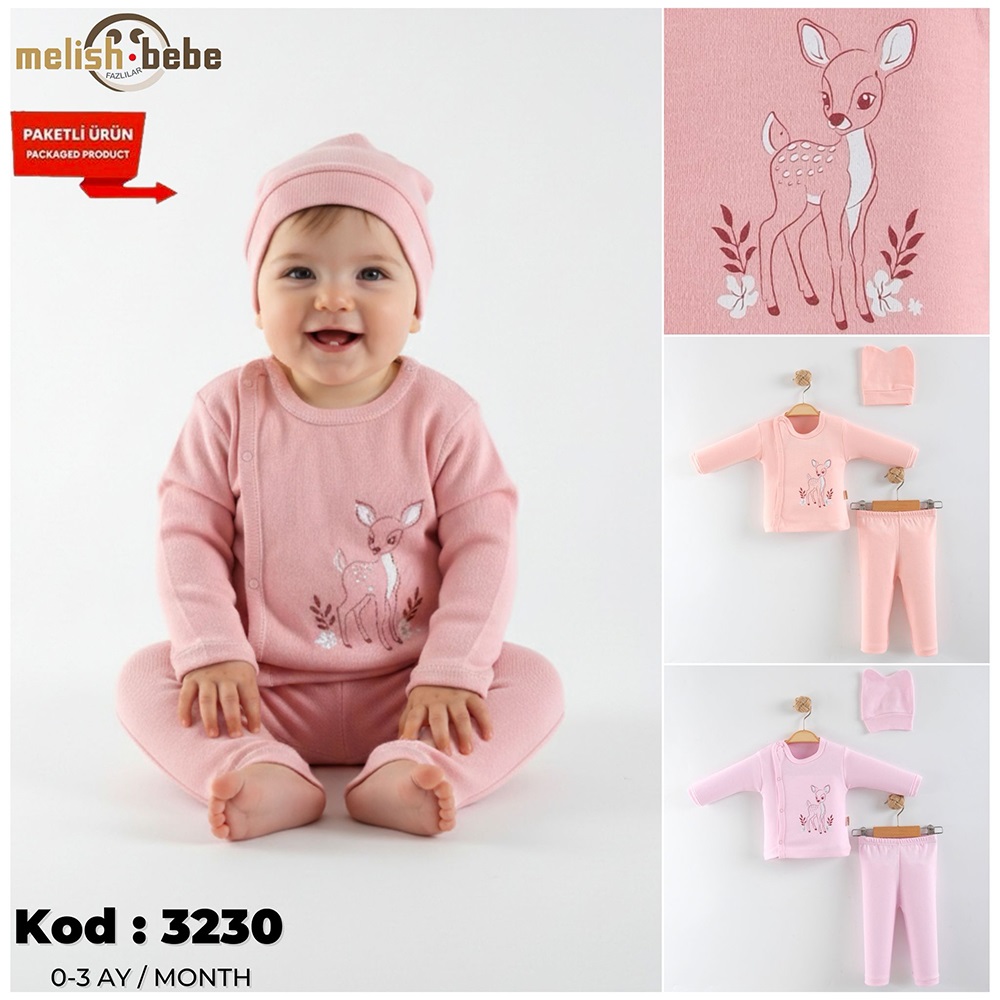Melish Bebe 3230 Bebe Penye Sevimli Ceylan Baskılı Zıbın Takım 0-3 Ay