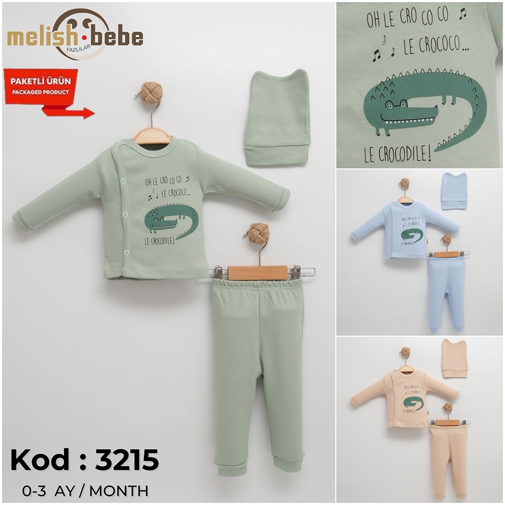 Melish Bebe 3215 Bebe Penye Timsah Baskılı Zıbın Takım 0-3 Ay