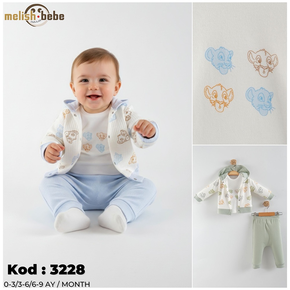 Melish Bebe 3228 Erkek Bebe Penye Sevimli Aslan Baskılı 3 Lü Takım 3-9 Ay