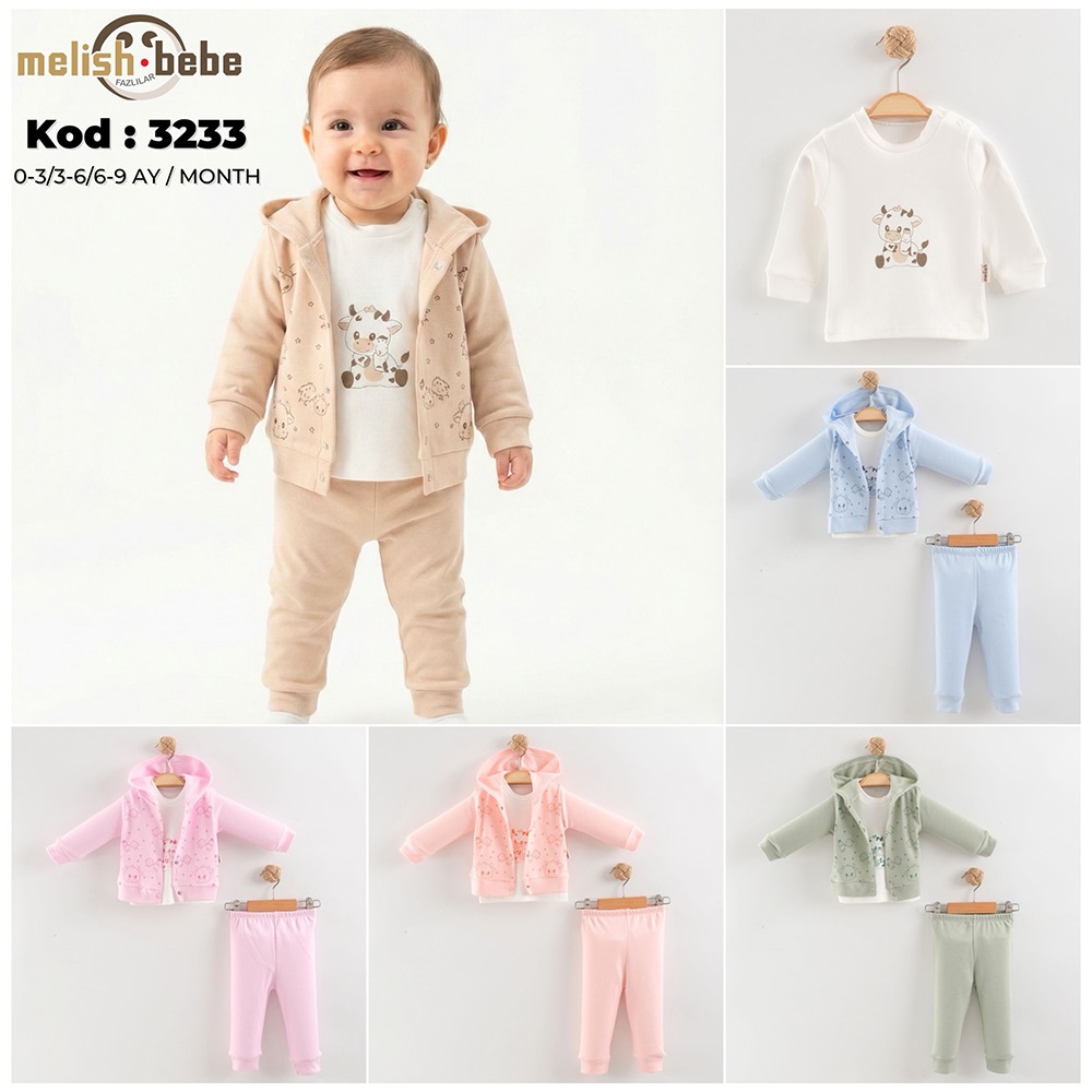 Melish Bebe 3233 Bebe Penye Sevimli İnek Baskılı 3 Lü Takım 3-9 Ay