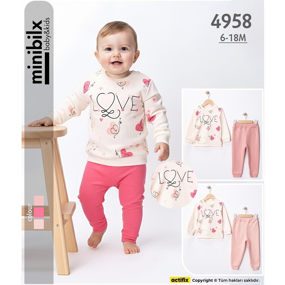 Minibilx 4958 Kız Bebe Penye Rapolu Love Baskılı Takım 6-18 Ay