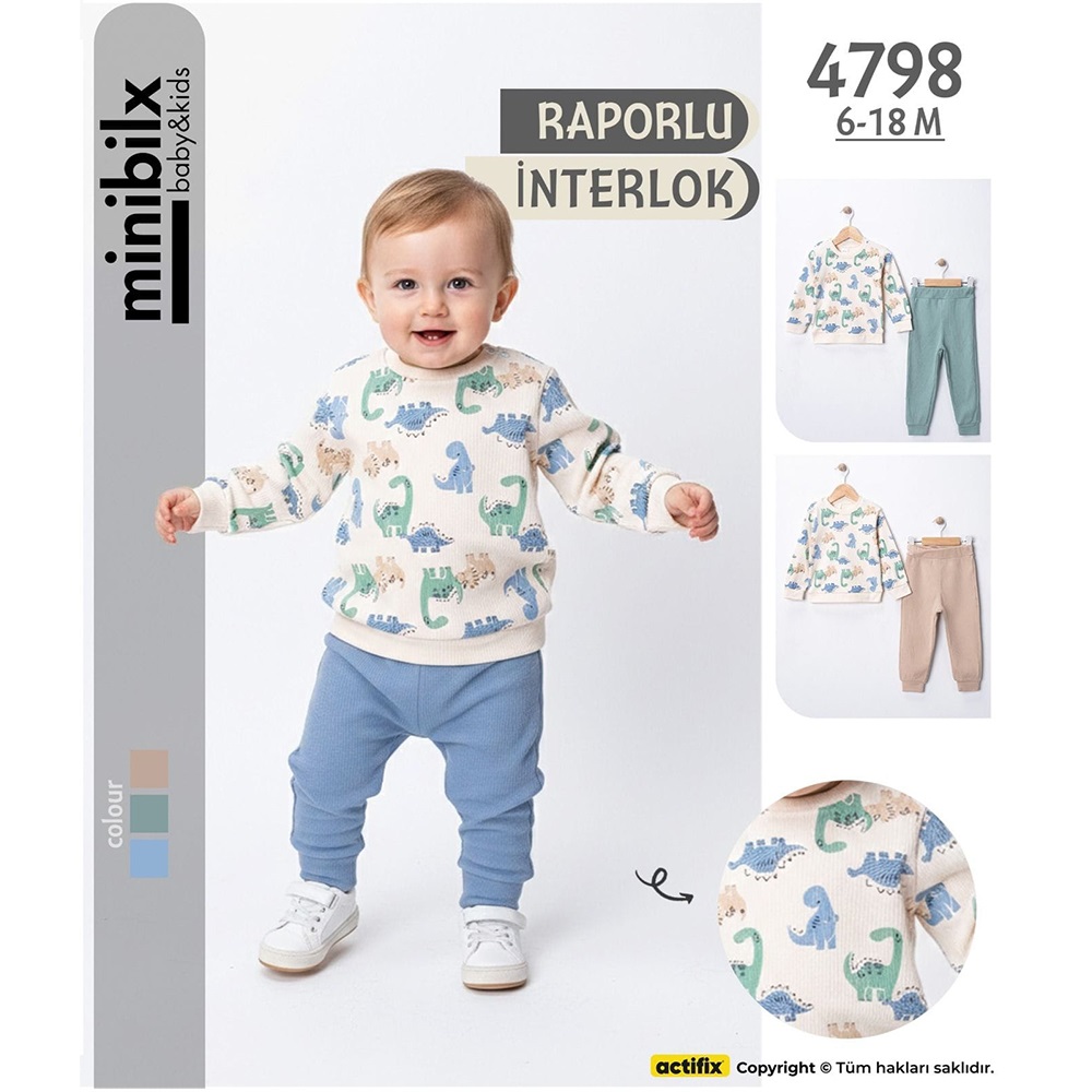 Minibilx 4798 Erkek Bebe Penye Rapolu Sevimli Dinozorlar Baskılı Takım 6-18 Ay