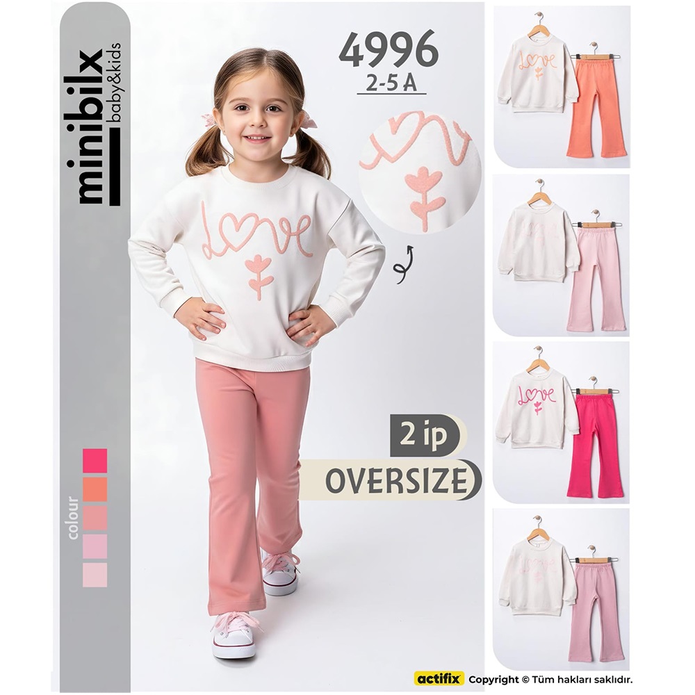 Minibilx 4996 Kız Çocuk 2 İp Penye Oversıze Love Baskılı Takım 2-5 Yaş