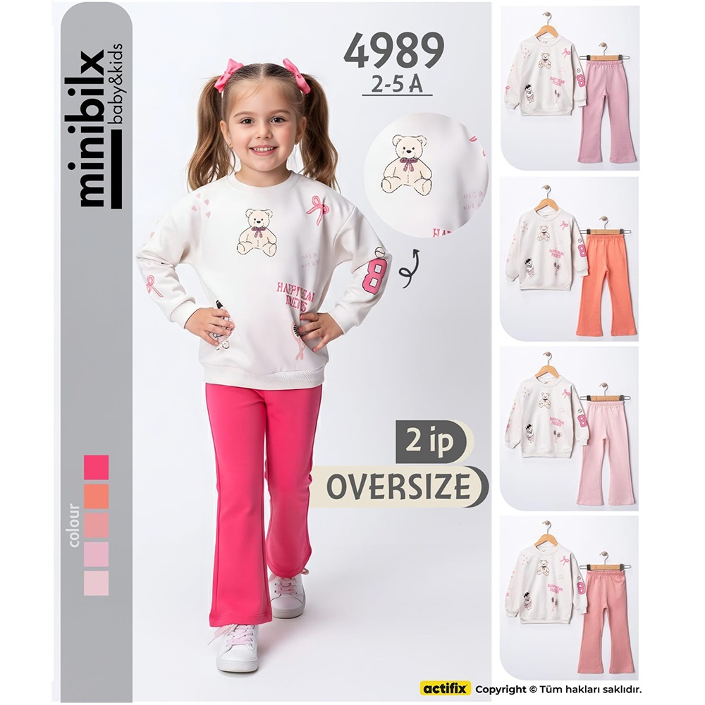 Minibilx 4989 Kız Çocuk 2 İp Penye Oversıze Happy Bear Frıends Baskılı Takım 2-5 Yaş