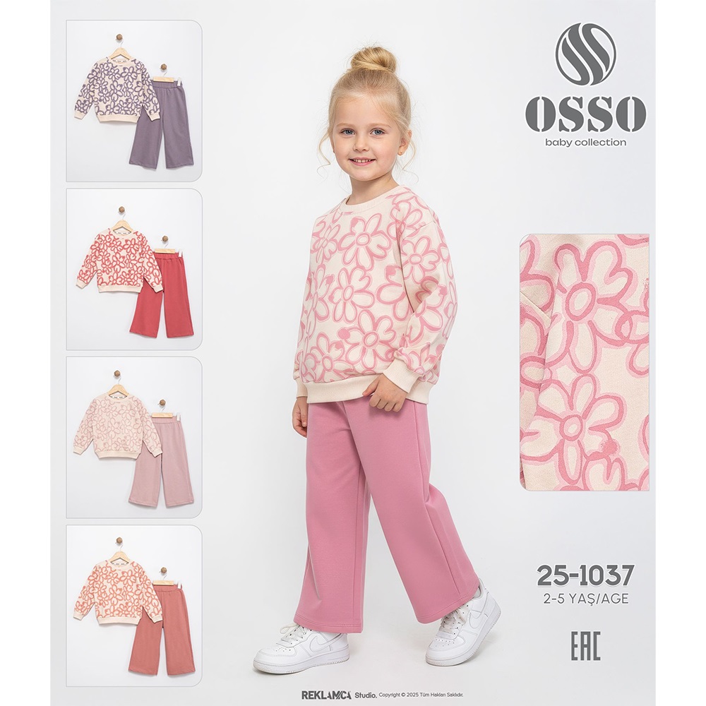 Osso -25-1037 Kız Çocuk 2 İplik Çiçek Baskılı Takım 2-5 Yaş