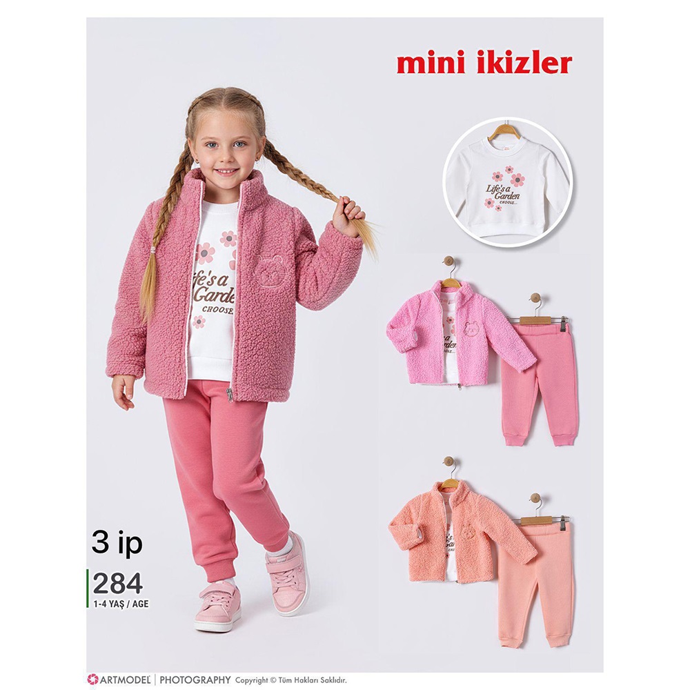 Mini İkizler 284 Kız Çocuk Polar Sevimli Kedi Nakışlı Takım 1-4 Yaş