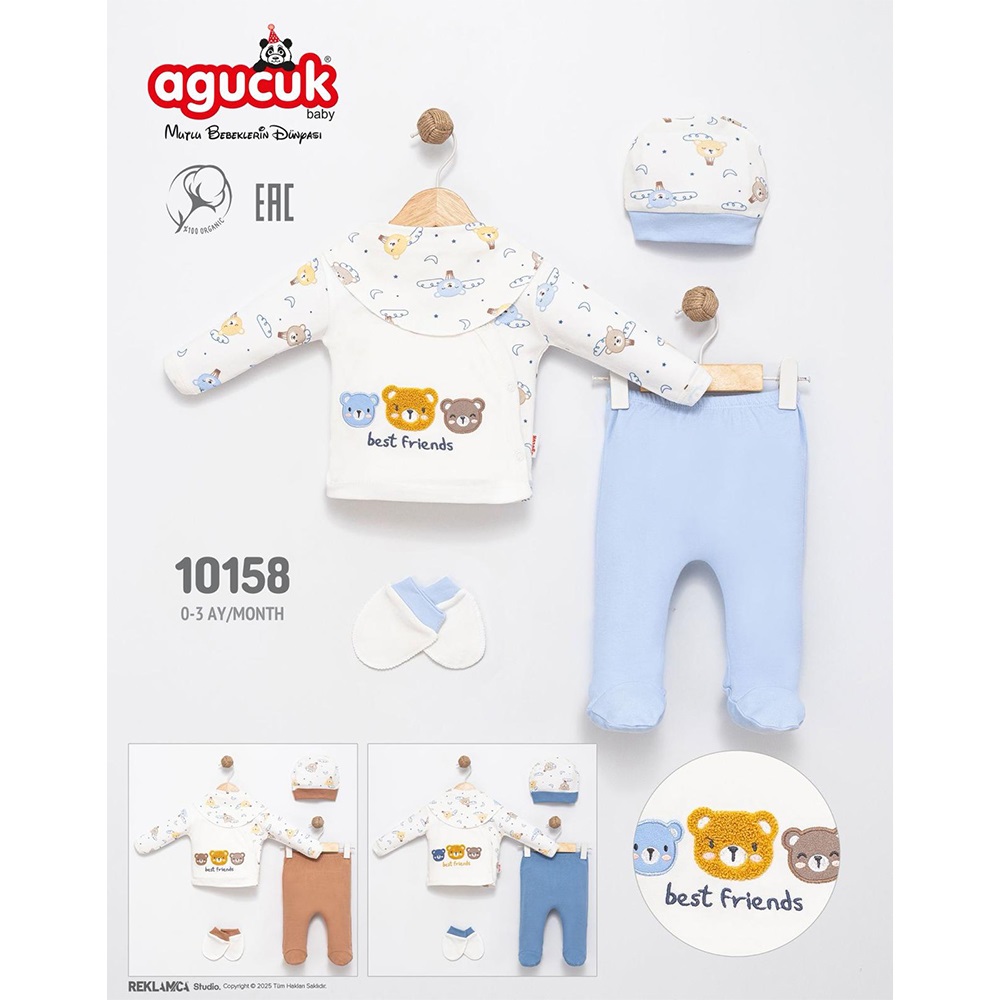 Agucuk Baby 10158 Erkek Bebe Patikli Şapkalı Takım 0-3 Ay