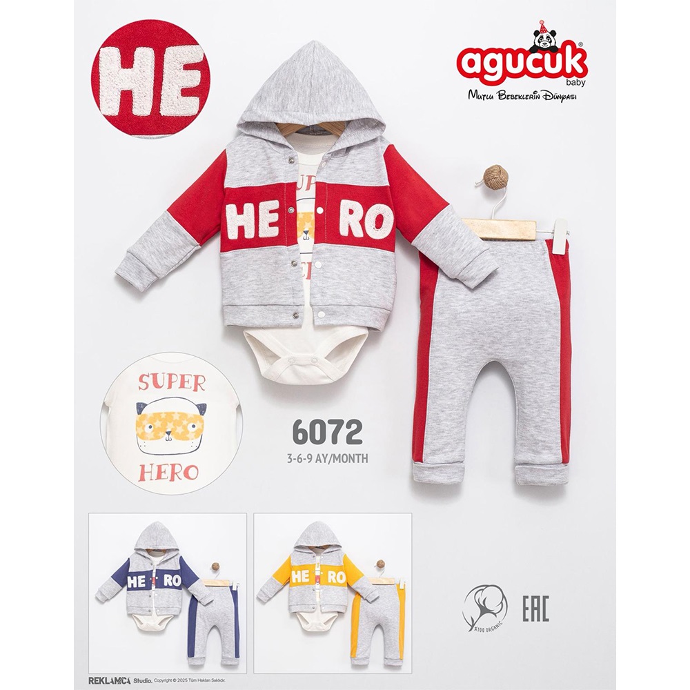Agucuk Baby 6072 Çocuk 3 Lü Süzüne Hero Kapşonlu Takım 3-6 Ay