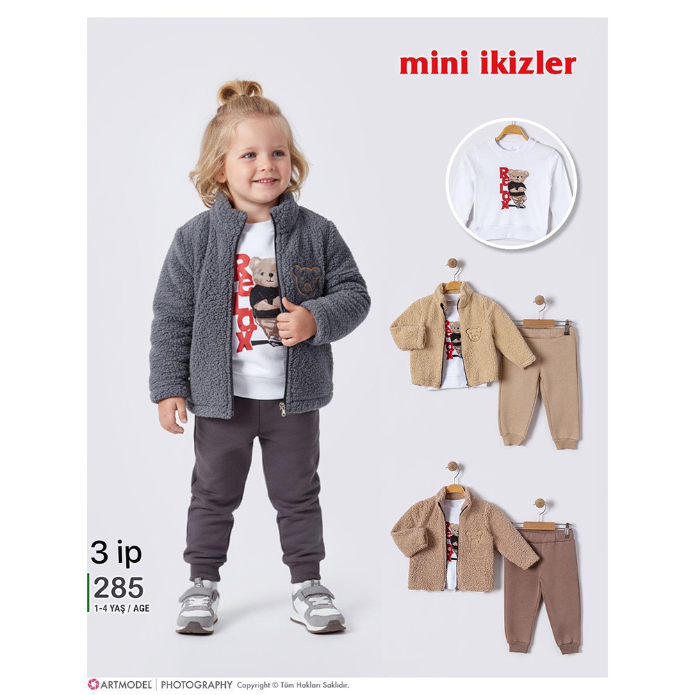 Mini İkizler 285 Erkek Çocuk Polar Sevimli Ayıcık Nakışlı Takım 1-4 Yaş
