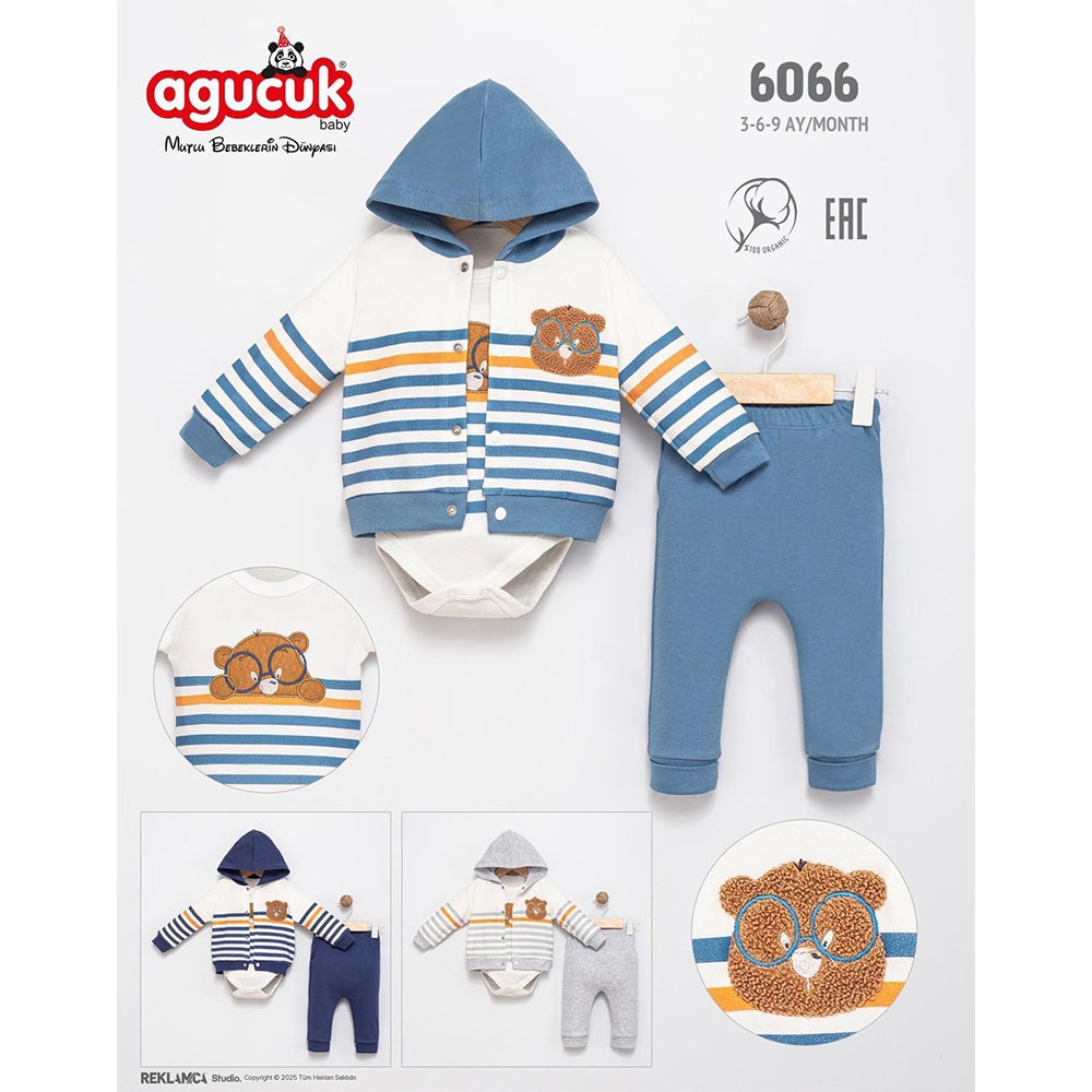 Agucuk Baby 6066 Çocuk 3 Lü Süzüne Ayıcık Kapşonlu Takım 3-6 Ay
