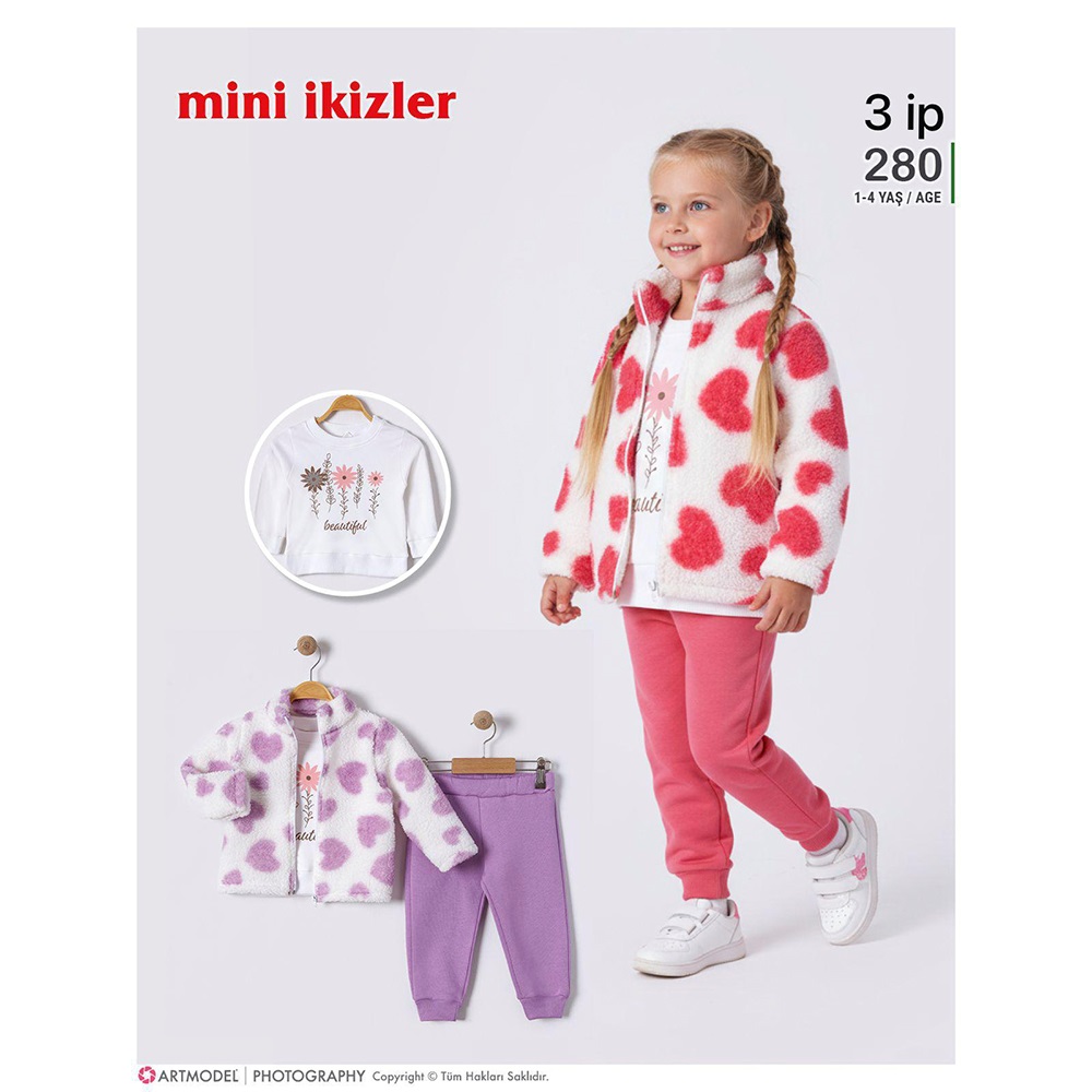 Mini İkizler 280 Kız Çocuk Polar Kalp Desenli Takım 1-4 Yaş
