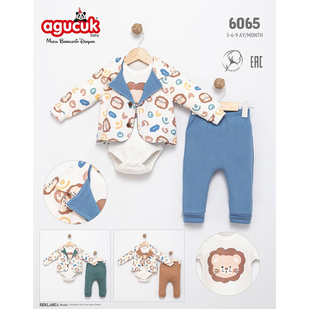 Agucuk Baby 6065 Çocuk 3 Lü Sevimli Ayıcık Yakalı Takım 3-6 Ay