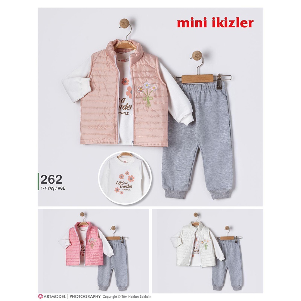 Mini İkizler 262 Kız Çocuk Çiçek Nakışlı Yelekli Takım 1-4 Yaş