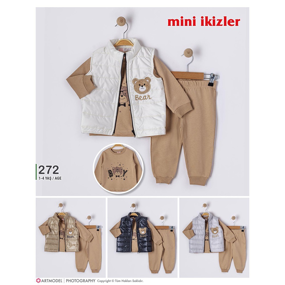 Mini İkizler 272 Erkek Çocuk Sevimli Ayıcık Nakışlı Yelekli Takım 1-4 Yaş