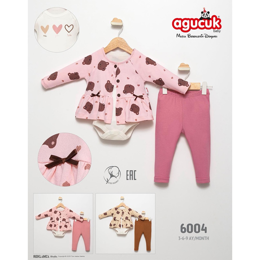 Agucuk Baby 6004 Kız Çocuk 3 Lü Sevimli Ayıcık Takım 3-6 Ay