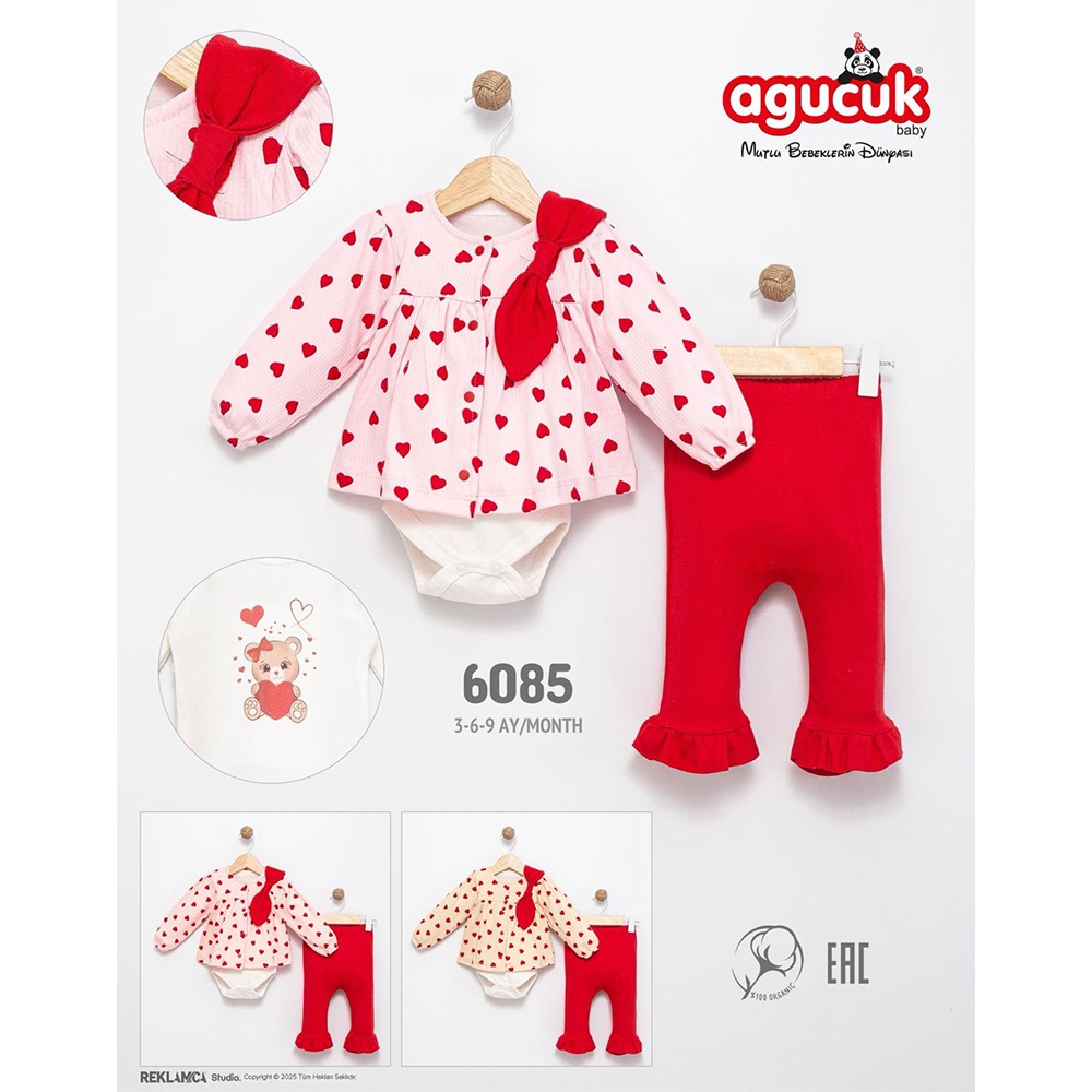 Agucuk Baby 6085 Kız Çocuk 3 Lü Kalp Desenli Takım 3-6 Ay