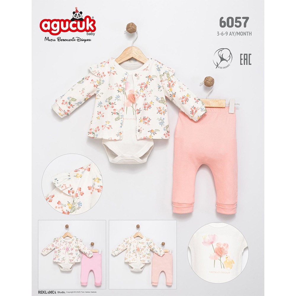 Agucuk Baby 6057 Kız Çocuk 3 Lü Çicek Desenli Takım 3-6 Ay