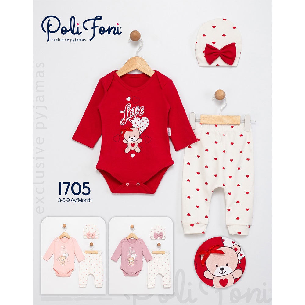 Polifoni 1705 Kız Bebe Penye Kalpli Fiyonklu Love Baskılı 3 Parça Badili Takım 3-6 Ay