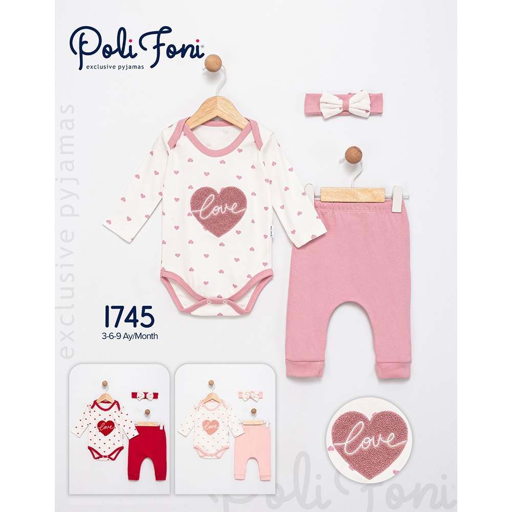 Polifoni 1745 Kız Bebe Penye Süzine Love Nakışlı 3 Parça Badili Takım 3-6 Ay