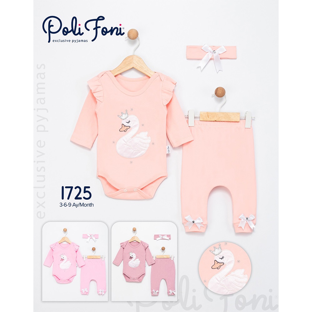 Polifoni 1725 Kız Bebe Penye Sevimli Kuğu Nakışlı 3 Parça Badili Takım 3-6 Ay