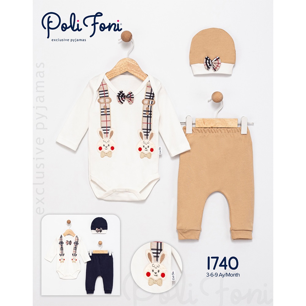 Polifoni 1740 Erkek Bebe Penye Sevimli Tavşan Nakışlı 3 Parça Badili Takım 3-6 Ay