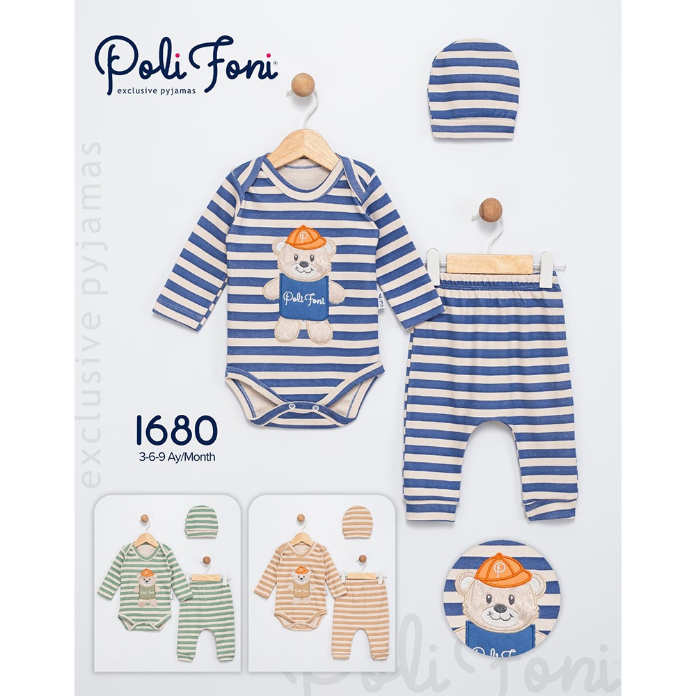 Polifoni 1680 Erkek Bebe Penye Sevimli Ayıcık Nakışlı 3 Parça Badili Takım 3-6 Ay