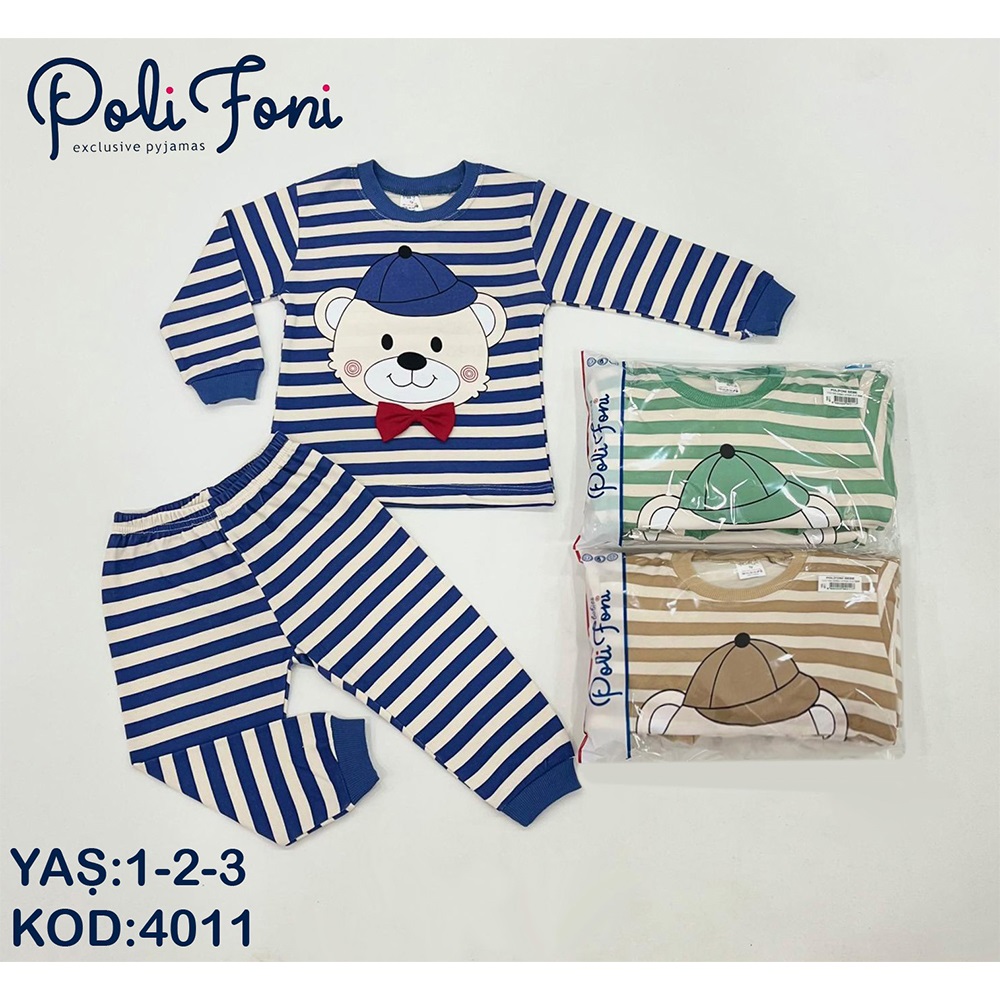 Polifoni 4011 Erkek Çocuk Penye Çizgili Sevimli Ayıcık Baskılı Takım 1-3 Yaş